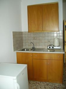 a kitchen with wooden cabinets and a sink at Studios Happiness in Panteli +40 photos