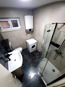 ein Bad mit einem WC, einem Waschbecken und einer Dusche in der Unterkunft 2 Bedroom Apartment Ljubica Sinj in Sinj