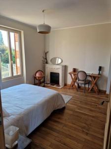 a bedroom with a bed and a fireplace and a table at Maison Les Roses in Marmagne