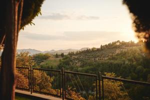 una vista de un viñedo desde una colina con puesta de sol en Villa Liverzano en Brisighella