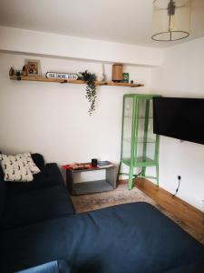 a living room with a black couch and a green shelf at Home on the Shore in Edinburgh