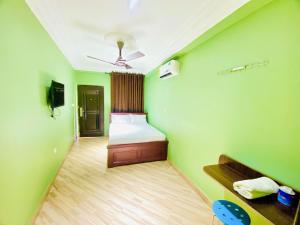 um quarto com paredes verdes e uma cama em Abanaba lodge& Restaurant em Kumasi