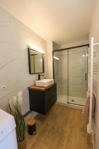y baño con lavabo y ducha acristalada. en Domaine des Arcs, en Saint-Martin-de-Londres