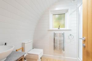 a white bathroom with a sink and a toilet at The Plough Inn Cabins in Ramsden