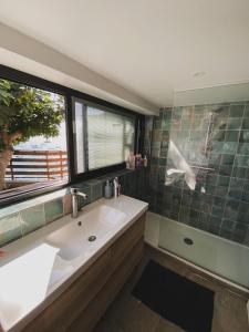 een badkamer met een wastafel en een raam bij Cabanon moderne, les pieds dans l'eau in Le Pradet