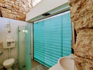 a bathroom with a toilet and a glass wall at PoliHosts Old Jaffa in Tel Aviv