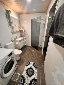 a bathroom with a shower and a toilet and a sink at 2 Room / Central Railway / Free parking / Sauna in Oulu