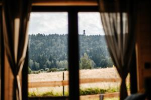 einen Blick auf ein Feld aus einem Fenster in der Unterkunft Sunset Stodoły w Bieszczadach in Ustrzyki Dolne