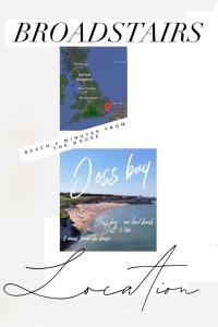 a collage of photos of the beach with the words brooches does boy at Rosa - Joss Bay in Kent