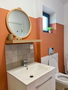 a bathroom with a sink and a mirror at Elysian Fields - Tiny House 'Evergreen' in Sadu