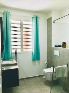 ein Bad mit blauen Vorhängen, einem WC und einem Fenster in der Unterkunft L'heure Dorée - Charmant appartement vue mer in Saint-Pierre