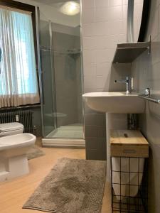 een badkamer met een wastafel, een douche en een toilet bij SPINALE casa in centro, arrivi con gli sci! SANIFICAZIONE A VAPORE in Madonna di Campiglio