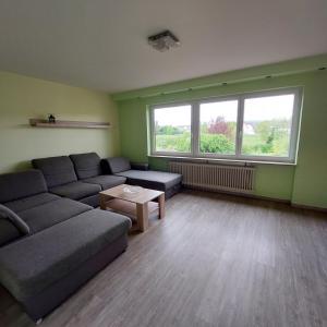 ein Wohnzimmer mit einem Sofa und einem Tisch in der Unterkunft Wolfi in Sankt Wendel