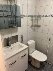 Un baño blanco con inodoro y lavabo. en Kotimaailma - Valoisa Kolmio Vantaalla, en Vantaa