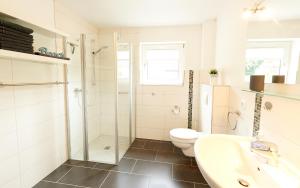a bathroom with a toilet and a shower and a sink at Ferienwohnung Waterkant direkt am Wittensee, mit Spielscheune in Bünsdorf +21 photos