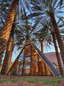 a triangular house with palm trees in front of it at كوخ توتو الريفي in AlUla