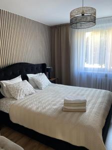 Un dormitorio con una cama grande y una ventana en Apartament Centrum II en Lidzbark Warmiński