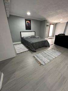 um quarto com uma cama e dois tapetes no chão em Nice Apartment em Marmaris