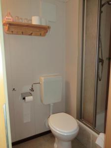 a small bathroom with a toilet and a shower at Hotel Am Kleinbahnhof in Emden