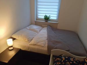 Cama en habitación con ventana y lámpara en Apartament u Oli i Laury, en Cracovia