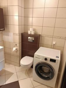 a bathroom with a toilet and a washing machine at Apartament u Oli i Laury in Krakow