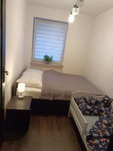 Habitación pequeña con cama y ventana en Apartament u Oli i Laury, en Cracovia