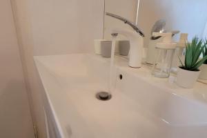 - un lavabo blanc avec un robinet et quelques plantes dans l'établissement Berg Messe EG, 2,5 Zimmer, Homeoffice, W-Lan, 