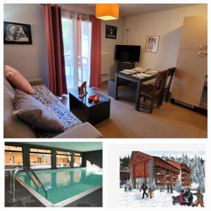 a collage of two pictures of a living room and a kitchen at T2 pic de l’ours Fontromeu in Font-Romeu