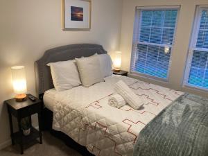 ein Schlafzimmer mit einem Bett mit zwei Lampen und zwei Fenstern in der Unterkunft Cute private Wooded Cabin near the big lake in Tafton