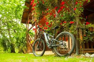 ein Fahrrad neben einem Haus mit roten Blumen geparkt in der Unterkunft Vigna Della Signora in Morano Calabro