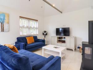 uma sala de estar com sofás azuis e uma televisão em Dreamwood Lodge em Keston