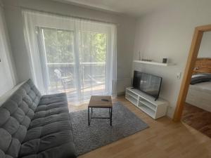 a living room with a couch and a television at FEWO CELINE in Wasserhofen