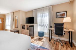a bedroom with a bed and a desk and a television at Casco Bay Hotel, Ascend Hotel Collection in South Portland