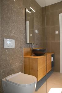 a bathroom with a sink and a toilet and a mirror at Vodice For You - Holiday Homes in Vodice