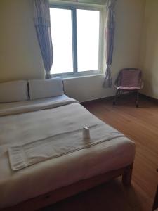 ein Schlafzimmer mit einem Bett, einem Fenster und einem Stuhl in der Unterkunft Hotel Green Hill View in Pokhara