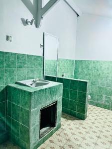 een groene badkamer met een wastafel en een open haard bij Creative Bungalow Beach Front in Gili Trawangan