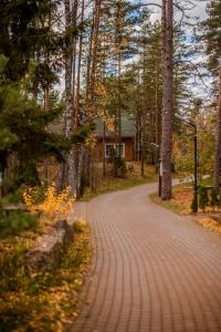 a brick road leading to a house in the woods at Sea Home Cottages in Ozerki