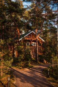 a log home in the woods with a driveway at Sea Home Cottages in Ozerki