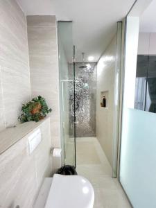 een badkamer met een glazen douche en een toilet bij Klcc suites at star - 2 bedroom in Kuala Lumpur +25 foto's