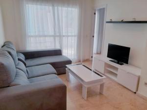 ein Wohnzimmer mit einem Sofa und einem TV in der Unterkunft Las torres Alquilevante in Benidorm