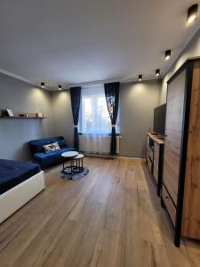 een woonkamer met een bank en een tv bij Lupus Apartamenty in Poznań