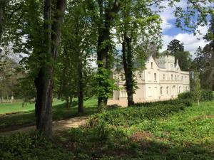 ein großes weißes Haus inmitten von Bäumen in der Unterkunft CHB - Château de la Haute Borde in Rilly-sur-Loire
