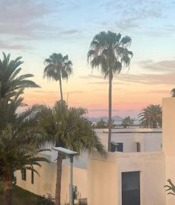 a view of a building with palm trees and a sunset at Grandes Playas Haven in Corralejo