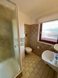 ein Bad mit einer Dusche, einem WC und einem Waschbecken in der Unterkunft Ferienwohnung Almblick in Reit im Winkl