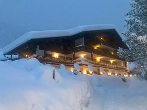 ein Haus mit Schnee in der Nacht in der Unterkunft Ferienwohnung Almblick in Reit im Winkl