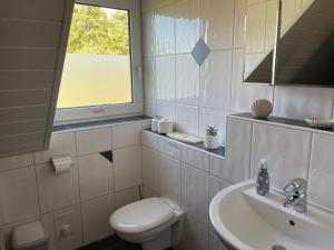 a bathroom with a toilet and a sink and a window at Single-Appartement am Nordwald, Saterland in Sedelsberg +9 photos