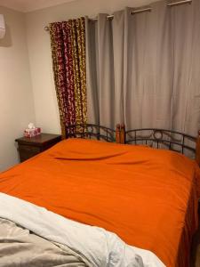 ein orangefarbenes Bett in einem Schlafzimmer mit Fenster in der Unterkunft 2 B/R, 2 Bath near public transport & Monash Univ. in Mulgrave