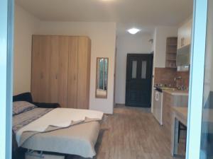 a small bedroom with a bed and a kitchen at Apartmani Andrea Studio in Herceg-Novi