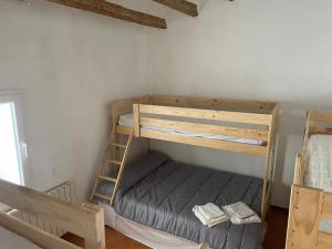 Las Cabanyas的住宿－Cal Tomaset，一间卧室设有两张双层床和梯子