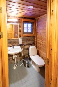 La salle de bains est pourvue de toilettes et d'un lavabo. dans l'établissement Fell Centre Kiilopää, Hotelli Niilanpää, à Saariselka